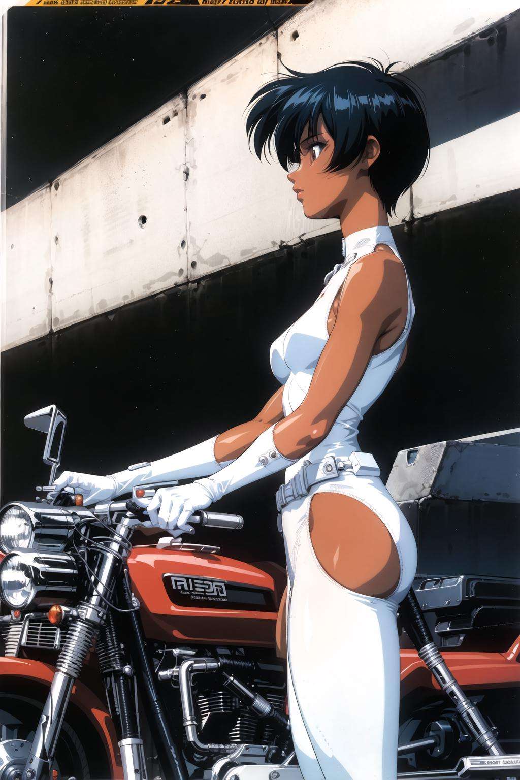 1990s \(style\), 1girl, dark-skinned female, from side, gloves, ground vehicle, motor vehicle, motorcycle, profile, retro artstyle, short hair, solo, white gloves