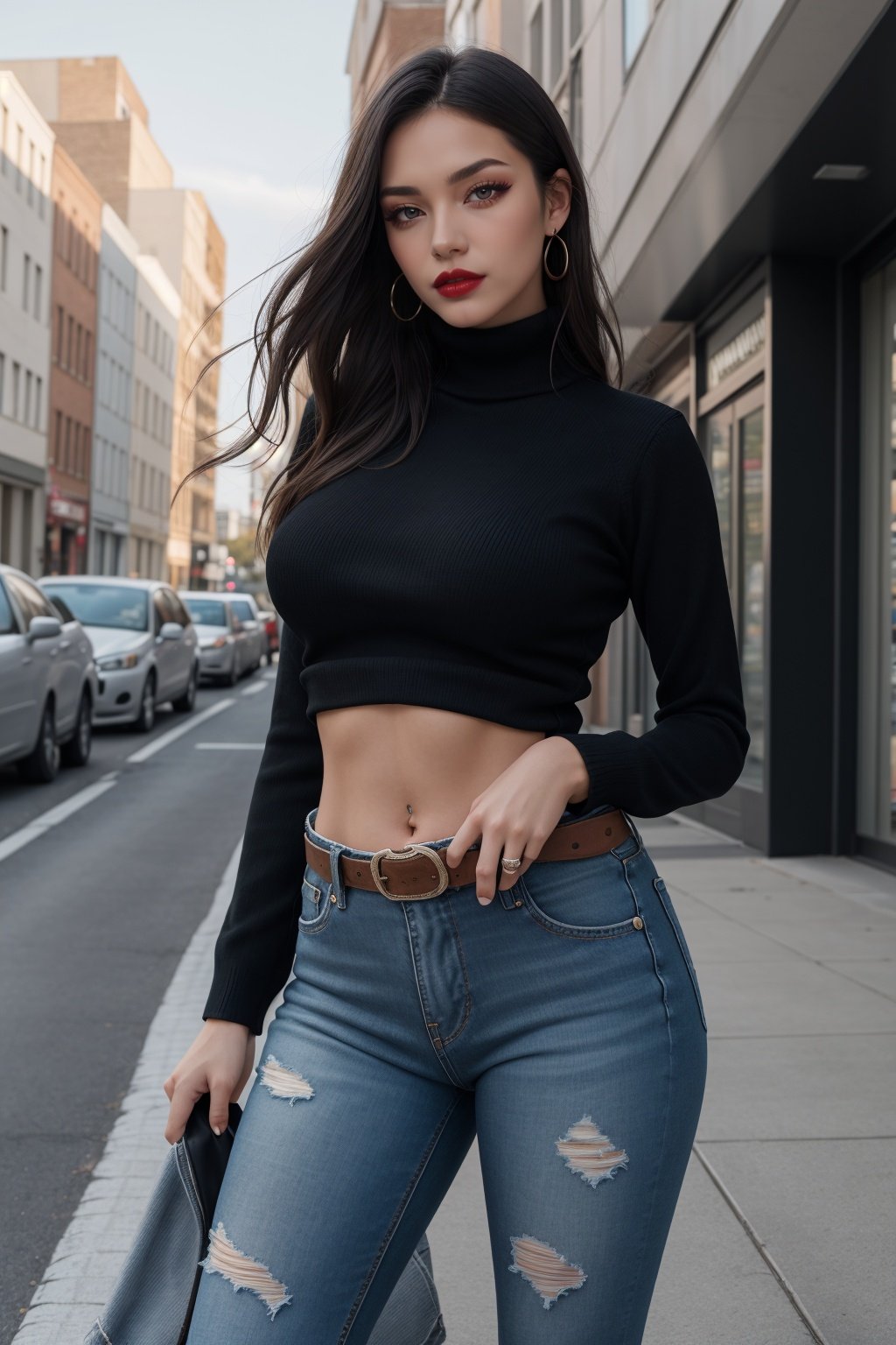 RAW photo, masterpiece, photorealistic, (cowboy shot:1.3), 1girl, gorgeous 20yo woman, elegan model, perfect slender body, medium breast, messy black hair, wearing black turtle neck tight sweater, ripped jeans, sneaker, posing for picture, outdoor, busy sidewalk, elegant photoshoot,