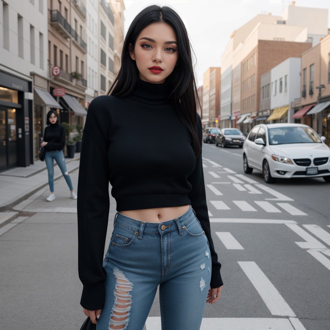 RAW photo, masterpiece, photorealistic, (cowboy shot), 1girl, gorgeous 20yo woman, elegan model, perfect slender body, medium breast, messy black hair, wearing black turtle neck tight sweater, ripped jeans, sneaker, posing for picture, outdoor, busy sidewalk, elegant photoshoot,