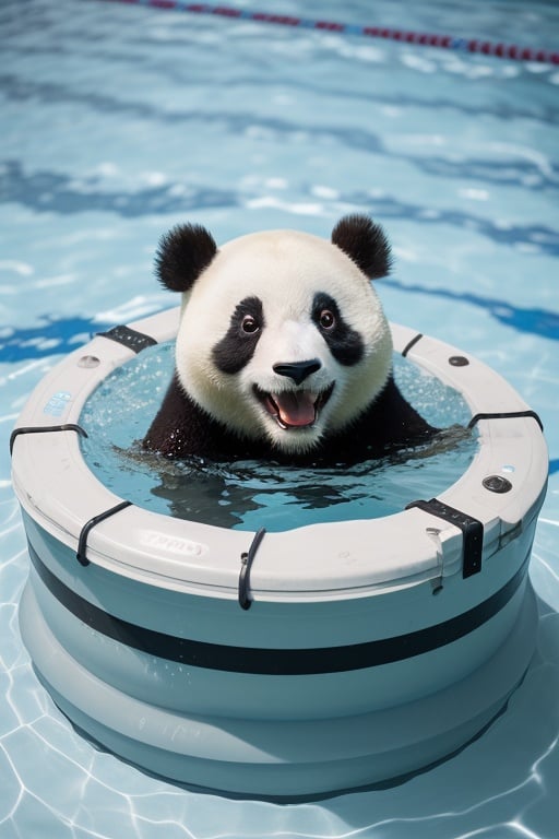 a panda enjoying summer （smile:1.3) in a swimming pool, in a buoy, (realistic:1.3), post production  --q 2 --s 250 --style raw