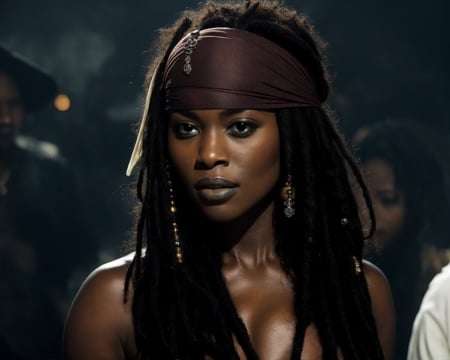 from pirates of the caribbean <lora:pirates_of_the_caribbean_offset:1>,,  photo of a gorgeous black woman, dark-skinned goddess