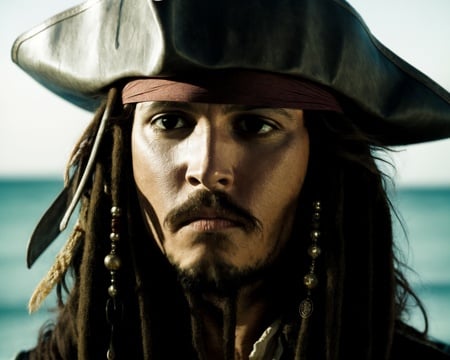 from pirates of the caribbean <lora:pirates_of_the_caribbean_offset:1>,  realistic, a portrait photo of a the pirate Jack Sparrow