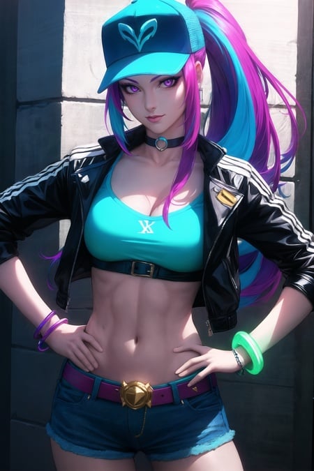 artgerm, masterpiece, best quality, 1girl, baseball cap, belt, bracelet, breasts, choker, cleavage, crop top, hands on own hips, hat, jacket, jewelry, k/da \(league of legends\), long hair, looking at viewer, midriff, multicolored eyes, navel, official alternate costume, ponytail, purple hair, short shorts, shorts, solo, standing, stomach, ultraviolet light, neon palette <lora:stanley_lau_artgerm:1> <lora:neon_palette_offset:0.2>