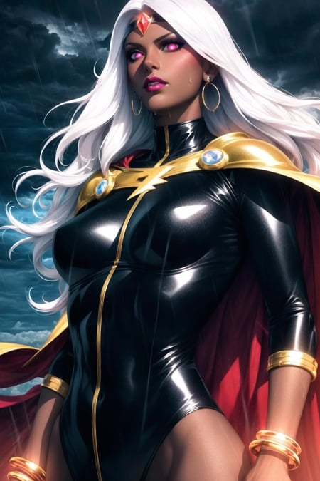 artgerm, masterpiece, best quality, extremely detailed, storm \(x-men\), 1girl, upper body, bangle, bracelet, breasts, cape, dark-skinned female, dark skin, earrings, electricity, flying, forehead, forehead protector, from below, gem, glowing, glowing eyes, jewelry, leotard, lightning bolt symbol, lips, lipstick, long hair, makeup, medium breasts, no pupils, rain, realistic, solo, storm, superhero, very dark skin, white hair <lora:stanley_lau_artgerm:1>