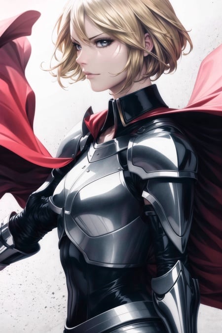 artgerm, masterpiece, best quality, , 1girl, black collar, blonde hair, cape, closed mouth, collar, from side, furrowed brow, gauntlets, grey eyes, looking at viewer, serious, short hair, shoulder guard, solo, upper body <lora:stanley_lau_artgerm:1.2>