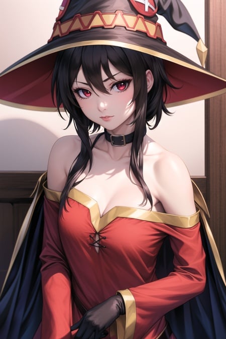 artgerm, masterpiece, best quality, extremely detailed, masterpiece, best quality, megumin, 1girl, bare shoulders, black cape, black gloves, black hair, cape, choker, collarbone, dress, hair between eyes, hat, long sleeves, looking at viewer, medium hair, off-shoulder dress, off shoulder, red dress, red eyes, sidelocks, solo, witch hat, indoors <lora:stanley_lau_artgerm:1>