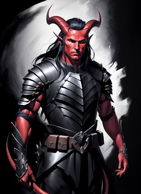 Tiefling, male, horns, male focus, solo, colored skin, red skin, armor, tail, shoulder armor, pauldrons, belt, closed mouth,  black hair, demon, black background, long hair, ((masterpiece, best quality)), art by greg rutkowski  <lora:tiefling_offset:1>