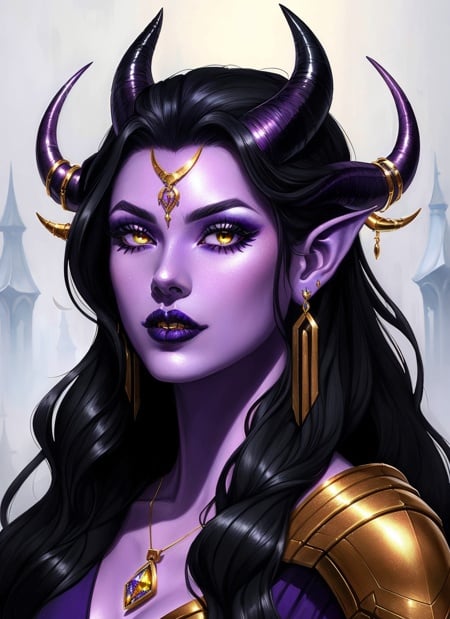 Tiefling, female, purple skin, horns, solo, jewelry, colored skin, earrings, black hair, pointy ears, long hair, yellow eyes, purple lips, necklace, looking at viewer, upper body, horn ornament, closed mouth, pink skin, forehead jewel, armor, portrait, makeup, ((masterpiece, best quality)), art by greg rutkowski  <lora:tiefling_offset:1>
