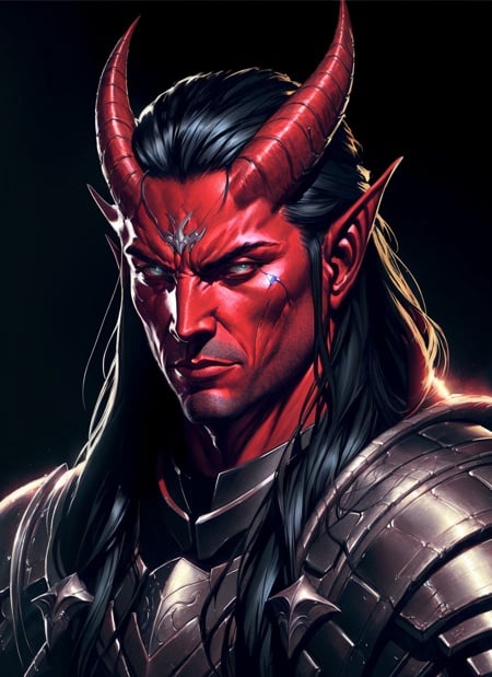 Tiefling, male, horns, male focus, solo, colored skin, red skin, armor, tail, shoulder armor, pauldrons, portrait, closed mouth,  black hair, demon, black background, long hair, ((masterpiece, best quality)), art by greg rutkowski  <lora:tiefling_offset:1>