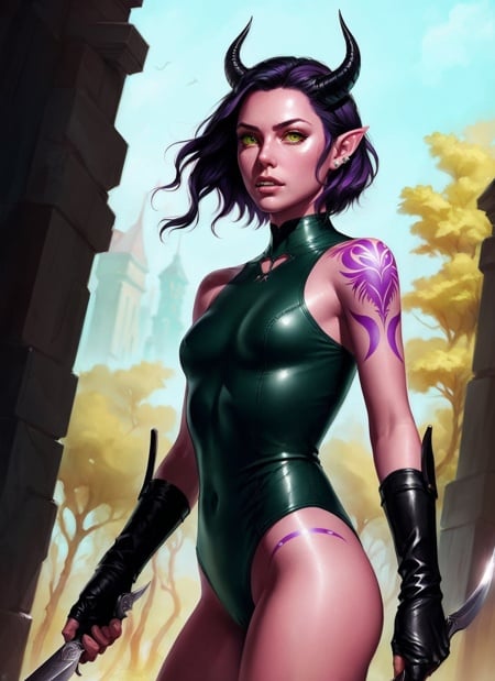 Tiefling, female, solo, pointy ears, horns, purple skin, short hair, colored skin, black hair, gloves, leotard, weapon, fingerless gloves, holding, black leotard, knife, bare shoulders, looking to the side, tattoo, yellow eyes, holding weapon, dagger, green eyes, parted lips, cowboy shot, lips, pink skin, ((masterpiece, best quality)), art by greg rutkowski  <lora:tiefling_offset:1>