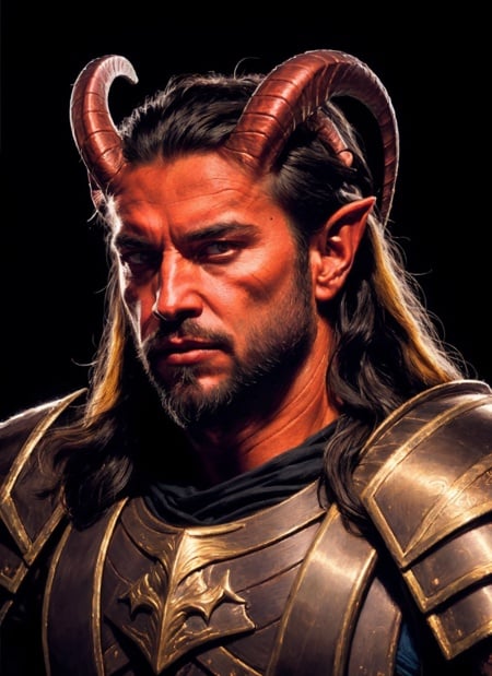 Tiefling, male, horns, male focus, solo, colored skin, red skin, armor, tail, shoulder armor, pauldrons, portrait, closed mouth, black hair, demon, black background, long hair, short beard, ((masterpiece, best quality)), raw photo, 4k hdr, (photorealistic:1.4)   <lora:tiefling_offset:1>
