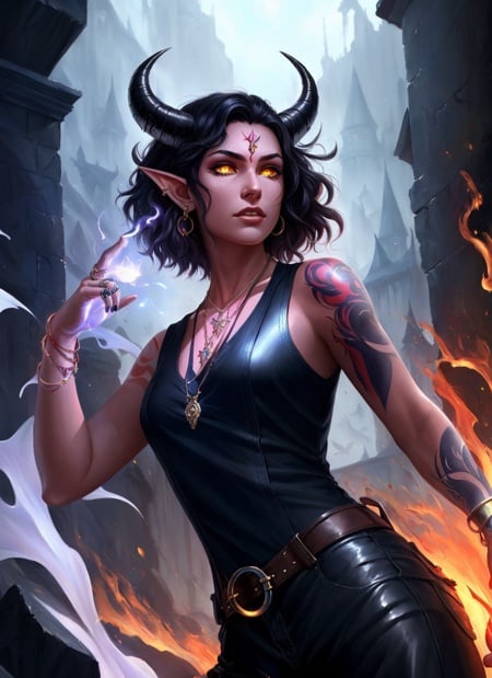 Tiefling, female, jewelry, horns, solo, pointy ears, necklace, earrings, black hair, short hair, magic, fire, tattoo, hand up, yellow eyes, bracelet, sleeveless, looking at viewer, demon horns, artist name, glowing, closed mouth, ring, ((masterpiece, best quality)), art by greg rutkowski  <lora:tiefling_offset:1>