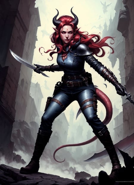 Tiefling, female, solo, horns, tail, weapon, red hair, knife, red eyes, boots, pointy ears, armor, long hair, demon girl, dagger, belt, gloves, ((masterpiece, best quality)), art by greg rutkowski  <lora:tiefling_offset:1>