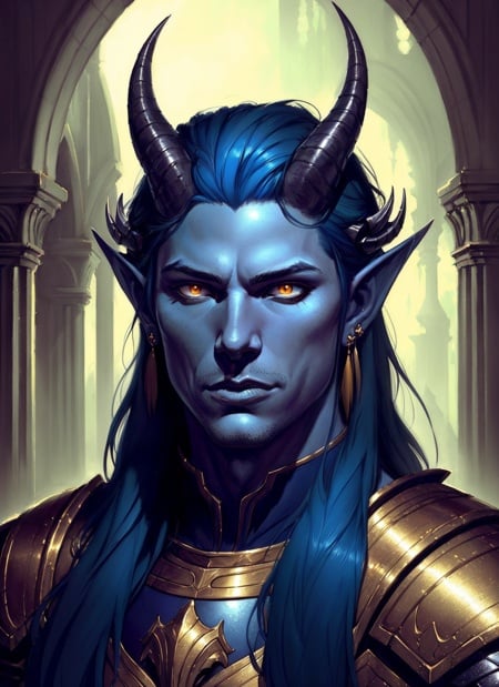 Tiefling, male, horns, solo, pointy ears, earrings, jewelry, male focus, armor, long hair, blue hair, colored skin, shoulder armor, pillar, looking at viewer, realistic, upper body, pauldrons, orange eyes, portrait, colored sclera, closed mouth, blue skin, yellow eyes, ((masterpiece, best quality)), art by greg rutkowski  <lora:tiefling_offset:1>