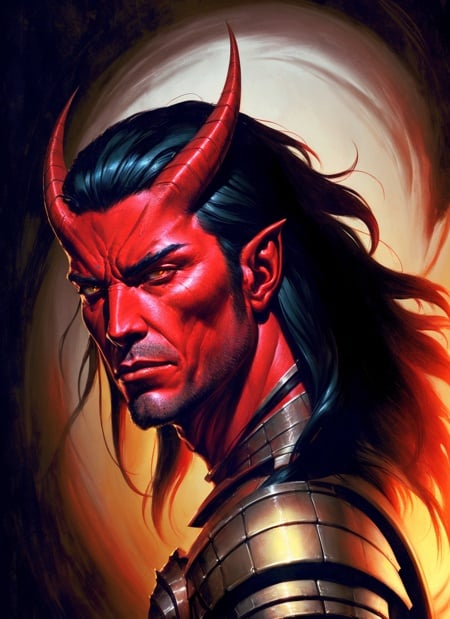 Tiefling, male, horns, male focus, solo, colored skin, red skin, armor, tail, shoulder armor, pauldrons, portrait, closed mouth,  black hair, demon, black background, long hair, ((masterpiece, best quality)), art by greg rutkowski  <lora:tiefling_offset:1>