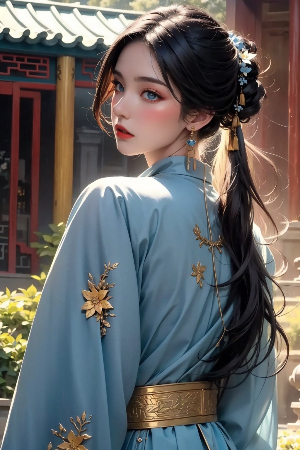 best quality, masterpiece, (photorealistic:1.4), <lora:tpqy:1>1girl,realistic,tpqy，dramatic lighting, from below，Light blue clothes，look back，golden flowers on the clothes