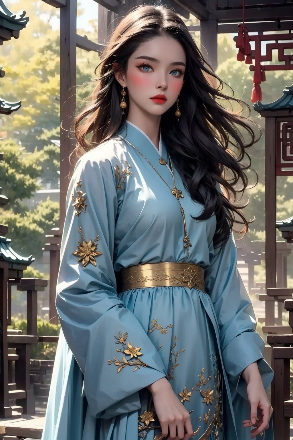 best quality, masterpiece, (photorealistic:1.4), <lora:tpqy:1>1girl,realistic,tpqy，dramatic lighting, from below，Light blue clothes，golden flowers on the clothes