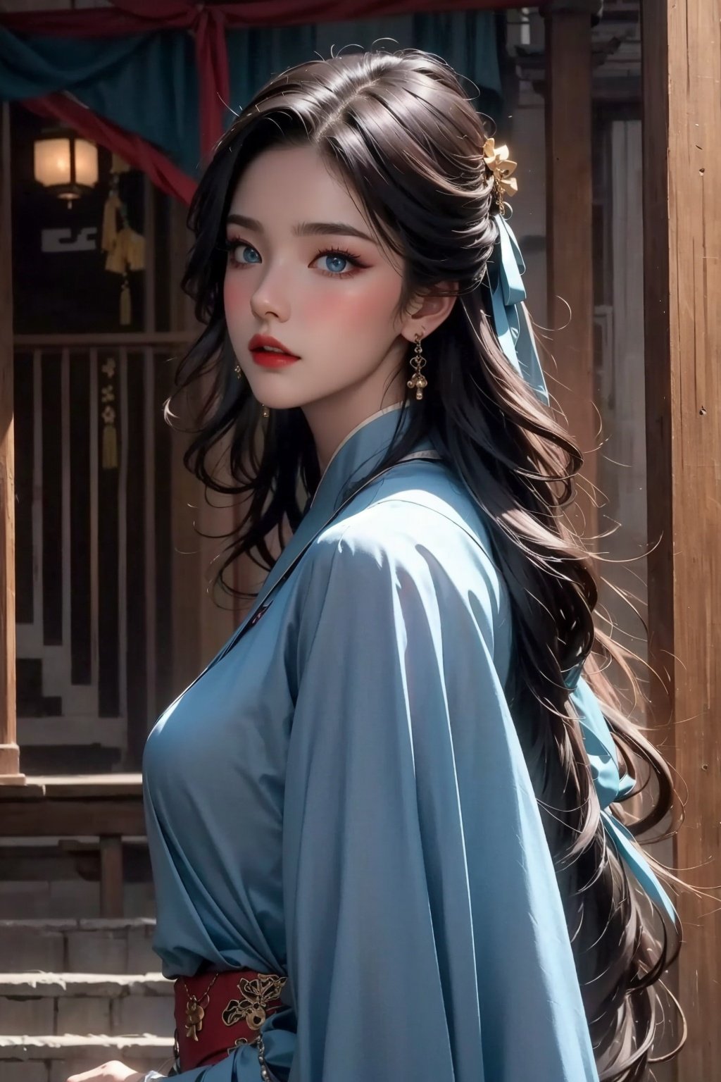 best quality, masterpiece, (photorealistic:1.4), <lora:tpqy:1>1girl,realistic,tpqy，dramatic lighting, from below，Light blue clothes，look back