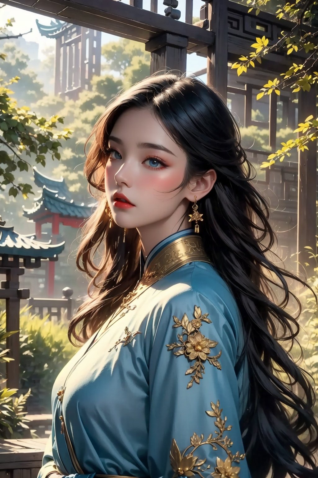 best quality, masterpiece, (photorealistic:1.4), <lora:tpqy:1>1girl,realistic,tpqy，dramatic lighting, from below，Light blue clothes，golden flowers on the clothes