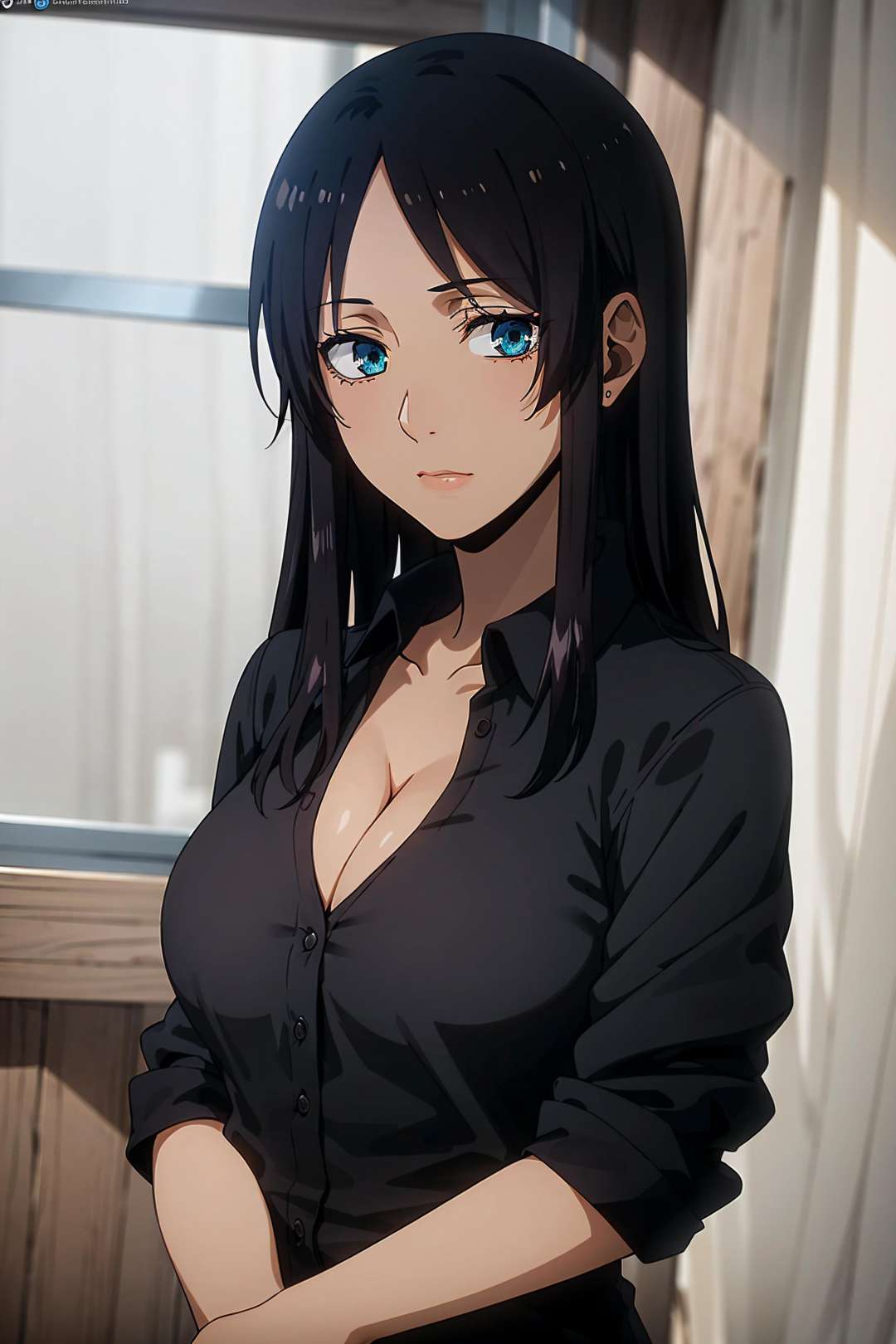 best quality, (masterpiece:1.2), detailed,<lora:chara_Gangsta_AlexBenedetto_v1:0.8>,1girl, solo, closed mouth, dark skin,black hair, blue eyes, long hair,black shirt, collared shirt, cleavage,standing, looking at the viewer, upper body,indoors, night