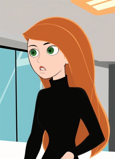 kim possible style, masterpiece, best quality, solo, 1girl, green eyes, long hair, orange hair, upper body, turtleneck, parody, indoors, , black shirt,  <lora:kim_possible_offset:1>