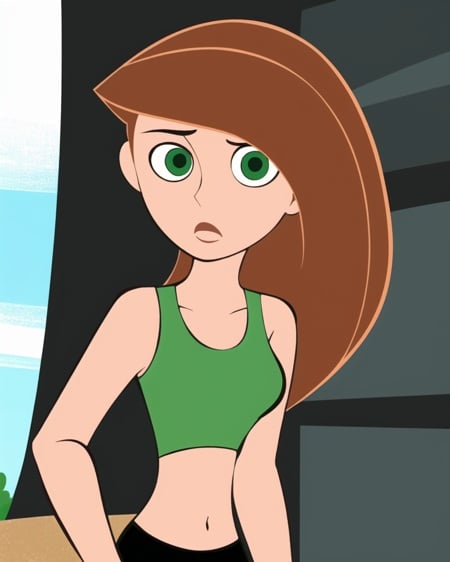 kim possible style, masterpiece, best quality, 1girl, solo, green eyes, brown hair, long hair, parody, looking down, midriff, style parody, navel, tank top, crop top, upper body, breasts, <lora:kim_possible_offset:1>