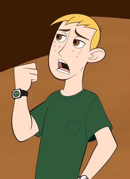 kim possible style, masterpiece, best quality, solo, blonde hair, 1boy, male focus, parody, shirt, wristwatch, watch, brown eyes, upper body, open mouth, style parody, wooden wall, freckles, indoors, green shirt, <lora:kim_possible_offset:1>