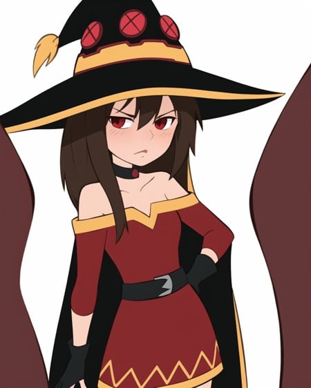 kim possible style, masterpiece, best quality, megumin, 1girl, bare shoulders, black cape, black gloves, black hair, blush, cape, choker, collarbone, dress, fingerless gloves, gloves, hair between eyes, hat, long sleeves, looking at viewer, medium hair, off-shoulder dress, off shoulder, red dress, red eyes, sidelocks, simple background, solo,white background, witch hat, <lora:kim_possible_offset:1>