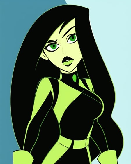 kim possible style, masterpiece, best quality,1girl, solo, green eyes, long hair, gloves, black hair, makeup, bodysuit, black lips, lipstick, cross, green gloves, green lips,  <lora:kim_possible_offset:1>