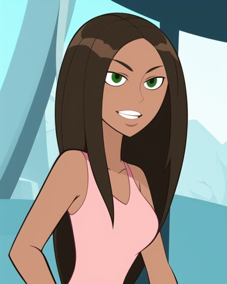 kim possible style, masterpiece, best quality, 1girl, brown hair, dark skin, solo, dark-skinned female, long hair, green eyes, upper body, breasts, bare shoulders, teeth, parody, looking to the side, smile, medium breasts,  <lora:kim_possible_offset:1>