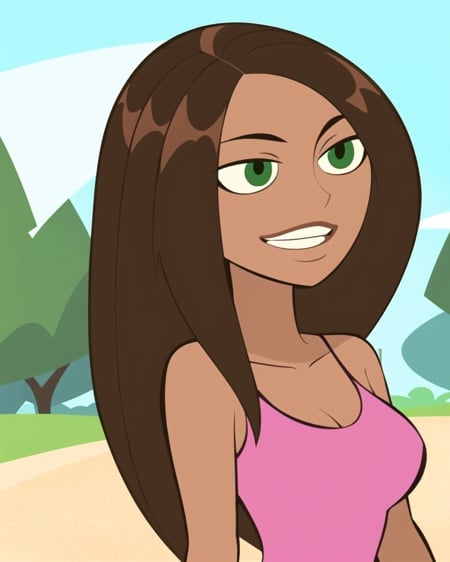 kim possible style, masterpiece, best quality, 1girl, brown hair, dark skin, solo, dark-skinned female, long hair, green eyes, upper body, breasts, bare shoulders, teeth, parody, looking to the side, smile, medium breasts,  <lora:kim_possible_offset:1>