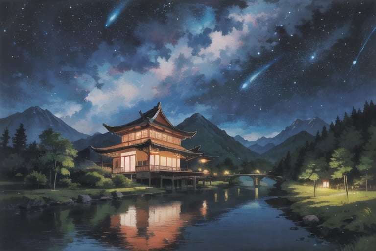 detailed background,high quality,official art,artwork,absurdres,highres,painting \(medium\),landscape,nature,digital painting,panorama,detailed,sky,night sky,star \(sky\),milky way,bamboo forest,fantastical,river,peak,bamboo house,mirage,