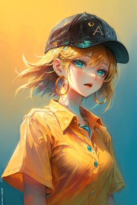 masterpiece, best quality, 1girl, aqua eyes, baseball cap, blonde hair, closed mouth, earrings, green background, hat, hoop earrings, jewelry, looking at viewer, shirt, short hair, simple background, solo, upper body, yellow shirt <lora:phoenix_offset:1>