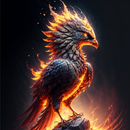 phoenix, masterpiece, best quality, solo, full body, yellow eyes, wings, no humans, glowing, bird, fire, animal focus, beak, hyper detailed, insanely detailed <lora:phoenix_offset:1> <lora:more_details:0.5>