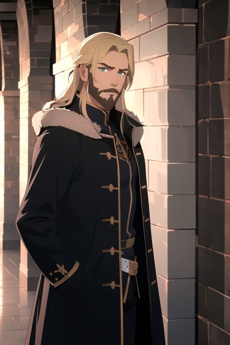 (very detailed background:1.5), indoors, castle,1boy, armor, bangs, black armor, black coat, blonde hair, blue coat, green eyes, closed mouth, coat, cowboy shot, expressionless, fur-trimmed coat, fur trim, hair between eyes, looking at viewer, male focus, medium hair, dungeon master, solo, two-sided coat, blonde beard, long hair,, ((masterpiece))<lora:western_animation_style:1.07>