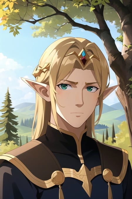 outdoors, woods, trees,solo, 1boy, male focus, blonde hair, long hair, green eyes, pointy ears, circlet, elf, upper body, looking at viewer, manly, tiara, closed mouth, blue robes, portrait, ((masterpiece))<lora:western_animation_style:1>