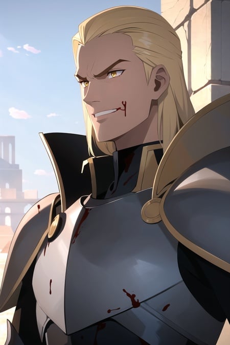 outdoors, ruins,1boy, male focus, armor, blonde hair, yellow eyes, long hair, 1boy, full armor,  breastplate, male focus, blood, solo focus, knight, portrait, angry, smiling, ((masterpiece))<lora:western_animation_style:1>