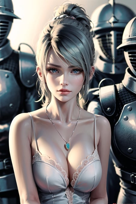 wlop, 1girl, backlighting, bare shoulders, blue eyes, blurry, closed mouth, collarbone, depth of field, dress, expressionless, final fantasy, final fantasy xv, green hair, highres, jewelry, knight, looking at viewer, (lunafreya nox fleuret), necklace, pendant, pink lips, ponytail, short hair, sleeveless, sleeveless dress, solo focus, upper body, white dress <lora:wlop_offset:1>