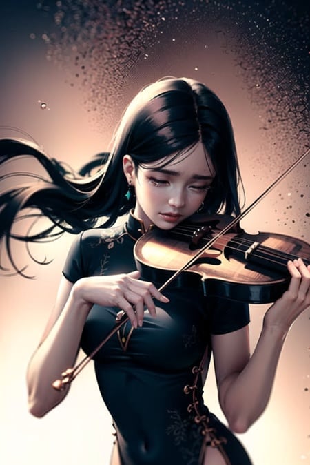wlop, 1girl, artist name, bangs, black background, black hair, blurry, china dress, chinese clothes, crying, dark, dress, dutch angle, earrings, eyelashes, closed eyes, fantasy, gears, highres, instrument, jewelry, lips, long hair, making-of available, music, original, parted bangs, playing instrument, simple background, solar system, solo, tears, violin <lora:wlop_offset:1>