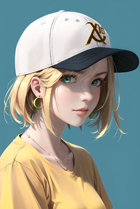 wlop,  masterpiece, best quality, 1girl, aqua eyes, baseball cap, blonde hair, closed mouth, earrings, green background, hat, hoop earrings, jewelry, looking at viewer, shirt, short hair, simple background, solo, upper body, yellow shirt <lora:wlop_offset:1>