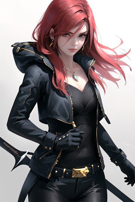 wlop, 1girl, black gloves, black jacket, character request, commentary, earrings, ghostblade, gloves, hand up, jacket, jewelry, long hair, looking down, red hair, solo, ((masterpiece)) <lora:wlop_offset:1>