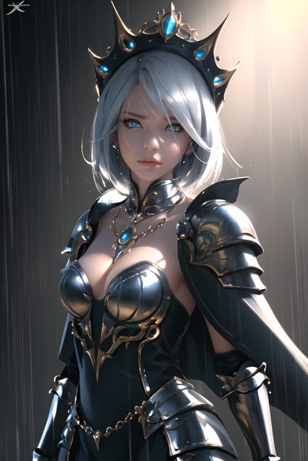 wlop, best quality, cinematic lighting, painting, fine art, 1girl, solo, rain, lips, white hair, armor, headpiece, looking at viewer, gauntlets, chain, upper body, nose, gloves, closed mouth, capelet, depth of field, short hair, armored dress, glowing green eyes, blurry background , battle background, cowboy shot, contrapposto, looking at viewer, highres, superb, 8k wallpaper, extremely detailed, intricate, unreal engine 5, volumetric lighting, realistic, realistic lighting, cinematic, 4k, cinematic lighting, 8k, depth of field, 3d, masterpiece, perfect, award-winning, hyper-detailed, photorealistic, ultra realistic, realistic light, hard lighting, intricate details, stop motion, hyperfocus, tonemapping, sharp focus, hyper detailed, detailed eyes, eyes focus, (illustration:1.1), highres, (extremely detailed CG unity 8k wallpaper:1.1), (mid shot1.25), (portrait:1.25), (solo:1.2), 1girl, (beautiful face:1.15), ((masterpiece)) <lora:wlop_offset:1>