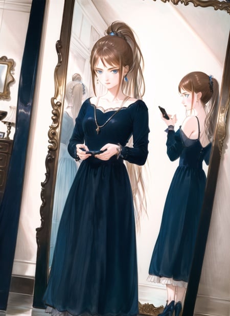 amano yoshitaka,very detailed background, highly detailed background, masterpiece, best quality, ultra-detailed, illustration, 1girl, solo, mirror, girl with long brown hair, ponytail, blue eyes, curious expression, wearing a casual outfit, standing in front of a large mirror, the mirror is ornate and framed, it's hanging on the wall, the girl is looking at her reflection, she seems to be studying herself, her expression is curious and contemplative, she seems to be deep in thought, the background is dimly lit, the room is decorated with vintage furniture and paintings, the atmosphere is one of introspection and self-discovery, ((masterpiece))<lora:amano_yoshitaka_offset:1.25>