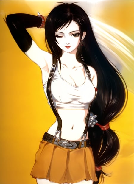 amano yoshitaka,tifa lockhart, 1girl, thick lips, arm up, armpits, artist name, belt, black hair, breasts, brown eyes, cleavage, closed mouth, collarbone, cowboy shot, crop top, earrings, elbow gloves, elbow pads, gloves, jewelry, large breasts, lips, long hair, low-tied long hair, midriff, navel, one eye closed, outdoors, skirt, smile, solo, stomach, suspenders, tank top, upper body, ((masterpiece)) <lora:tifa_lockhart:0.45><lora:amano_yoshitaka_offset:1.25>