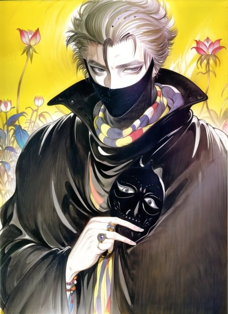 amano yoshitaka,1boy, beads, black cloak, cloak, cover, cover page, covered mouth, flower, grey eyes, hair slicked back, jewelry, male focus, mask, mask removed, mouth mask, novel cover, pale skin, popped collar, ring, scarf, silver hair, solo, traditional media, yellow background, ((masterpiece))<lora:amano_yoshitaka_offset:1.25>