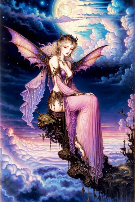 ((best quality)), ((masterpiece)), (detailed), alluring succubus, ethereal beauty, perched on a cloud, (fantasy illustration:1.3), enchanting gaze, captivating pose, delicate wings, otherworldly charm, mystical sky, (Luis Royo:1.2), (Yoshitaka Amano:1.1), moonlit night, soft colors, (detailed cloudscape:1.3), (high-resolution:1.2)  <lora:amano_yoshitaka_offset:1>