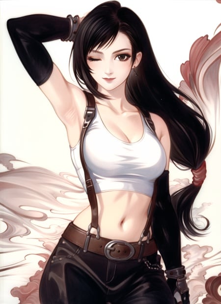 amano yoshitaka,tifa lockhart, 1girl, thick lips, arm up, armpits, artist name, belt, black hair, breasts, brown eyes, cleavage, closed mouth, collarbone, cowboy shot, crop top, earrings, elbow gloves, elbow pads, gloves, jewelry, large breasts, lips, long hair, low-tied long hair, midriff, navel, one eye closed, outdoors, skirt, smile, solo, stomach, suspenders, tank top, upper body, ((masterpiece)) <lora:tifa_lockhart:0.45><lora:amano_yoshitaka_offset:1>