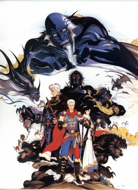 amano yoshitaka,1990s \(style\), 6+boys, absurdres, armor, bald, black hair, bomb \(final_fantasy\), cape, crossbow, dragon, emperor \(ff2\), final_fantasy, final fantasy ii, frioniel, guy \(ff2\), highres, josef, leonhart \(ff2\), maria \(ff2\), ming-wu, monster, multiple boys, official art, retro artstyle, shield, sword, weapon, white hair, ((masterpiece))<lora:amano_yoshitaka_offset:1.25>