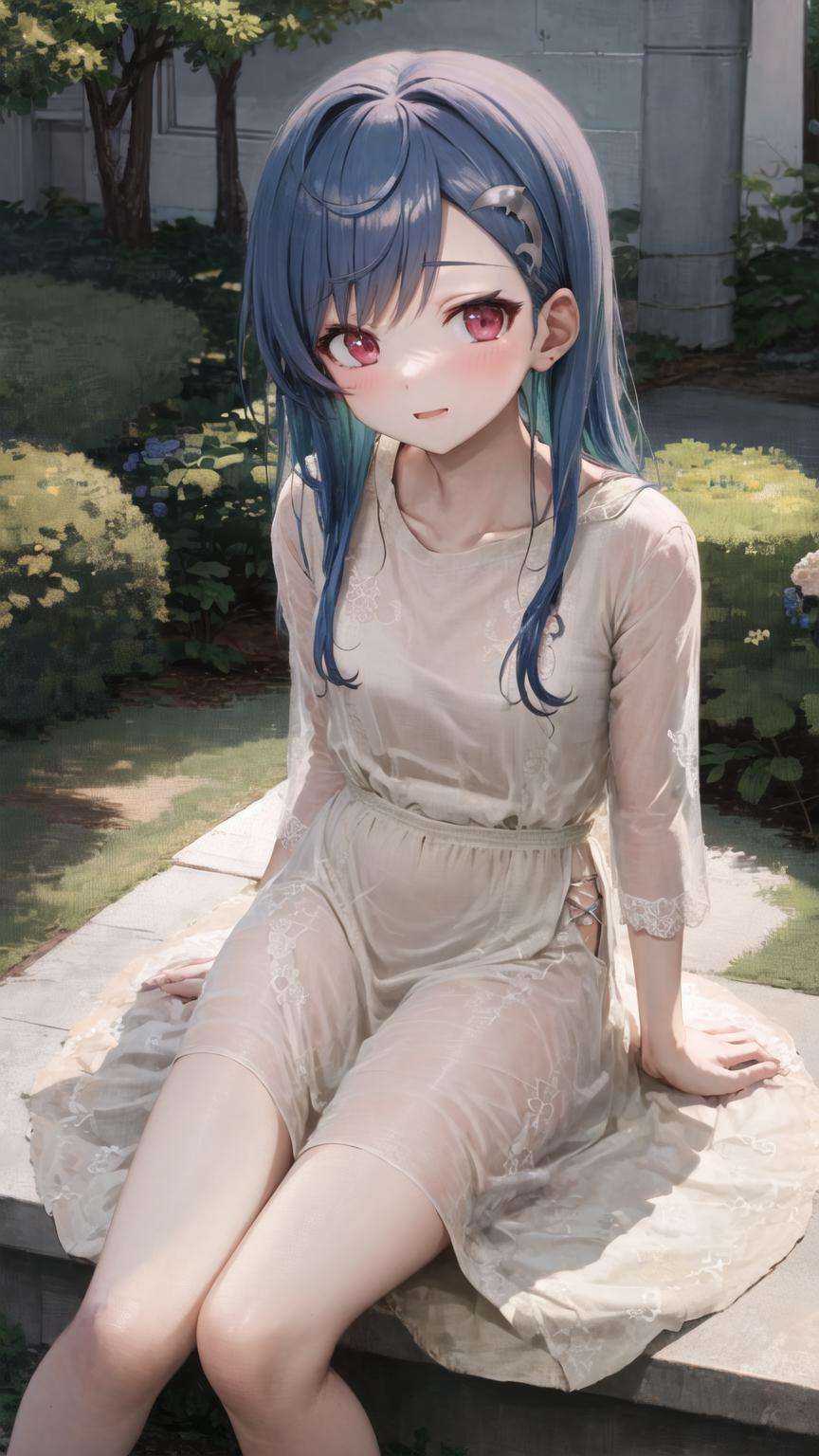 masterpiece, best quality, 1girl, solo, <lora:nishizono_chigusa_v1:1> nishizono chigusa,   <lora:linen_dress_v0.3a:1> linen dress, sitting, see-through, 