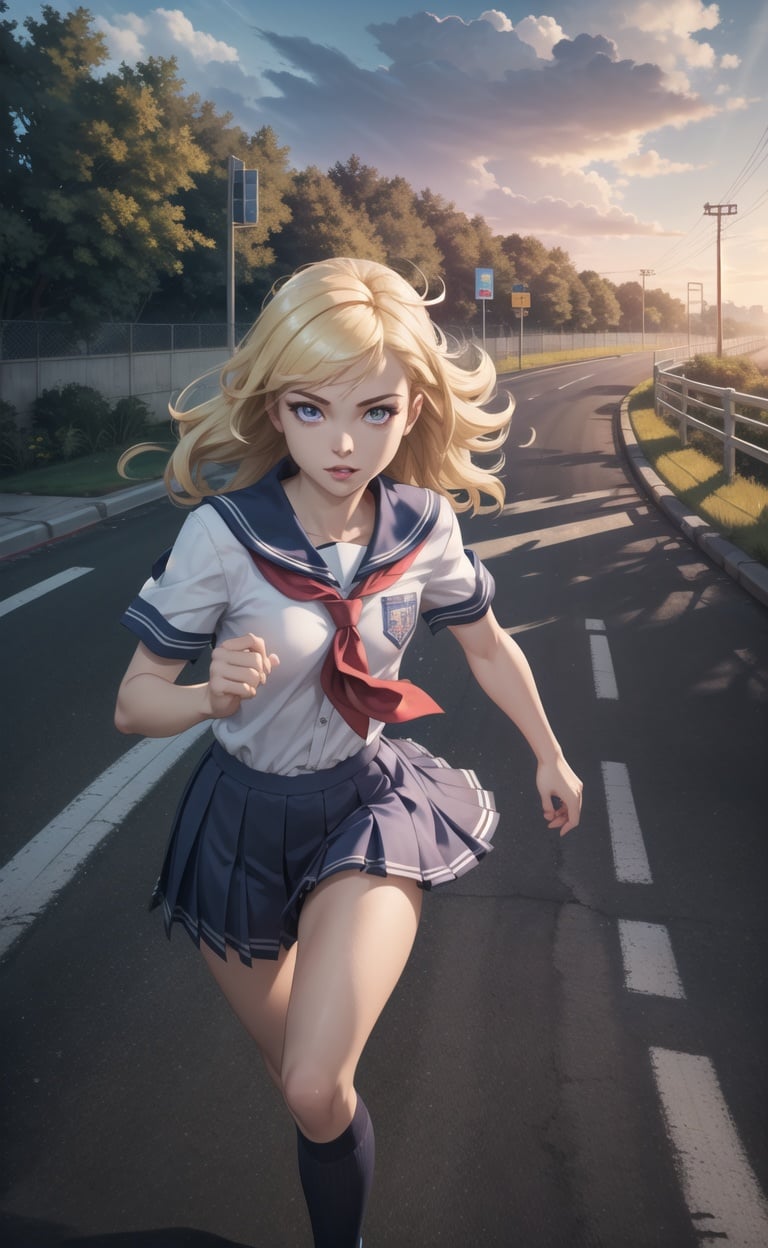 absurdres, highres, ultra detailed, masterpiece, cel shading,game CG,HDR,8k1girl,solo,road to school ,rim lighting,dynamic angle,blonde,perfect light,running faster,from above,looking at viewer,school uniform,wind(looking at viewer:1.3)(cinematic lighting) (sharp focus),(8k wallpaper:1.2)